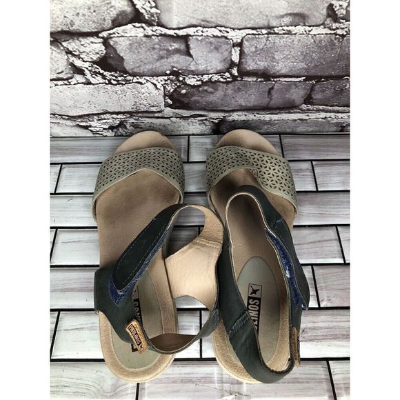 Pikolinos Beige Leather Floral Cut Blue Ankle Strap Wedge Sandals Women 39EU/8.5 - Picture 6 of 16